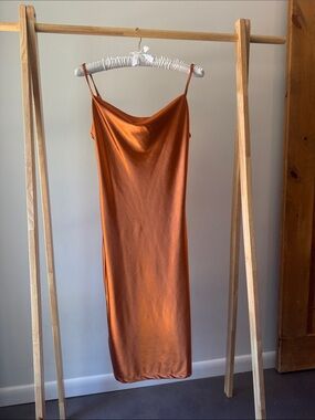Satin Slip Midi Dress in Rust Orange